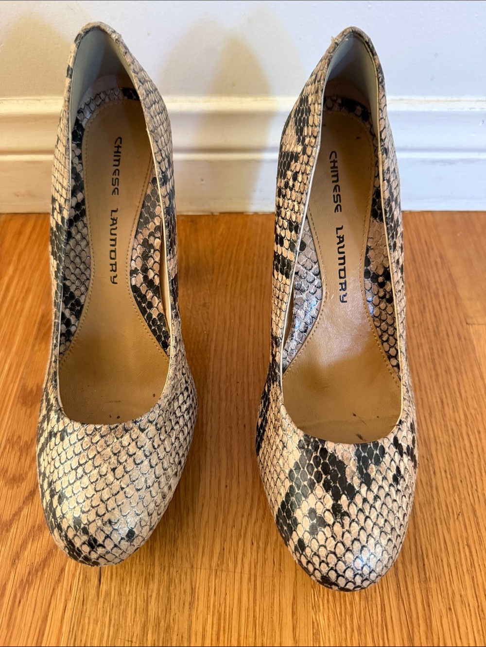 Chinese Laundry Snake-Print Nude and Black Pumps